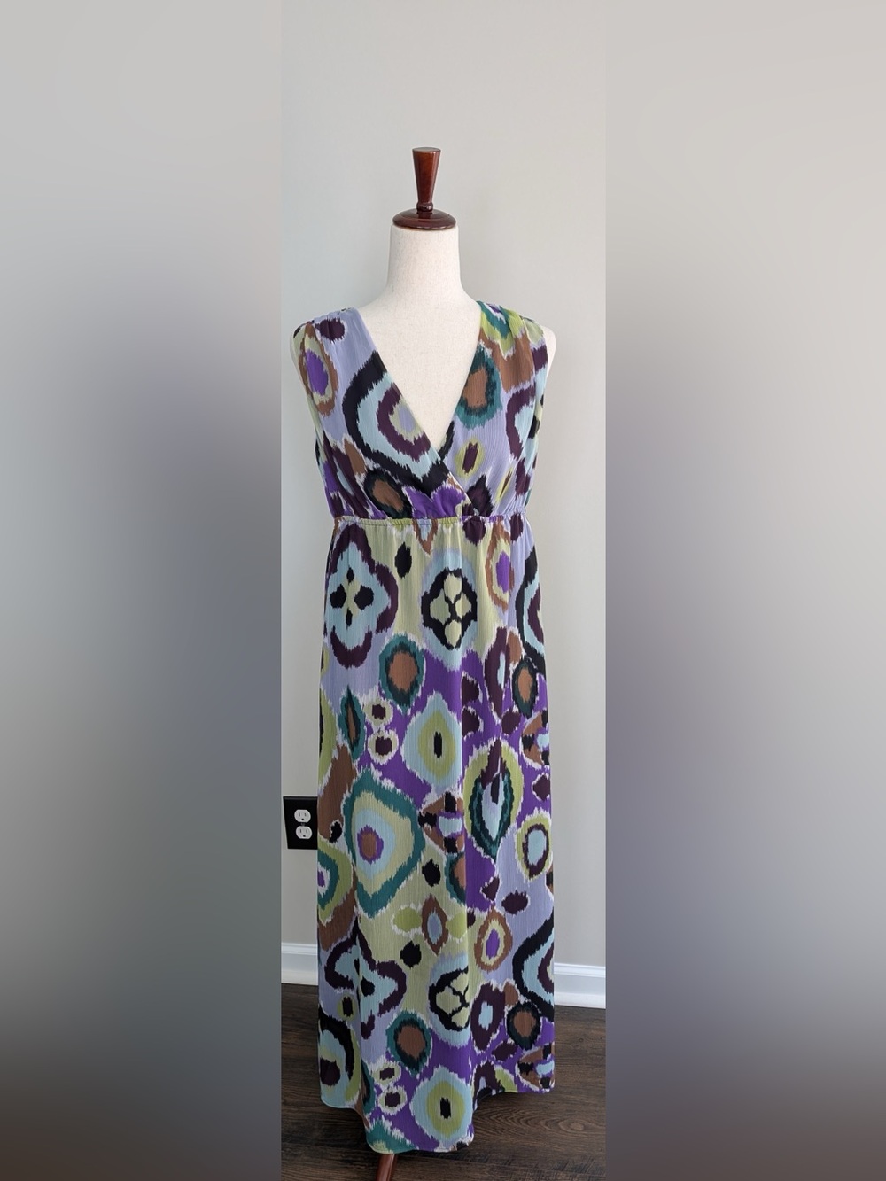 CHICO'S Chelsi Floral Chiffon Abstract Empire Waist Maxi Dress Sz 0.5 (Small)